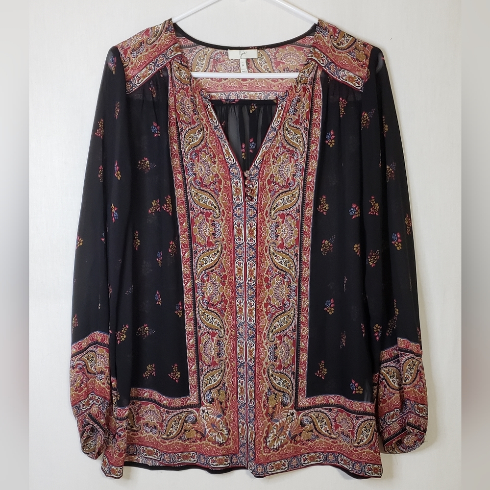 Joie Floral Black Red Sheer Silk Blouse Size M